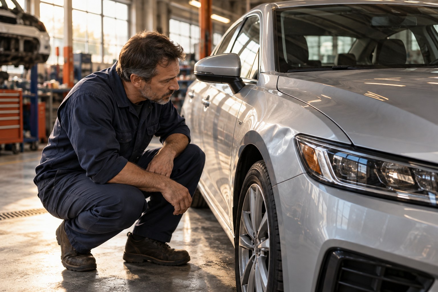 A technician inspecting the front fender of a silver car in a clean body repair workshop